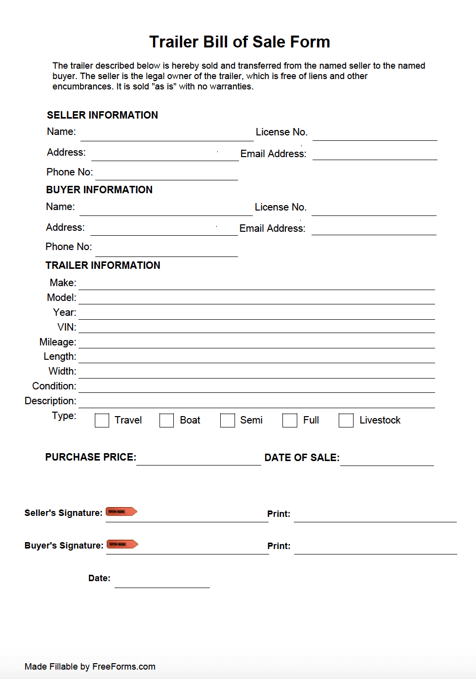 Free Trailer Bill Of Sale Form | Pdf throughout Printable Trailer Bill Of Sale