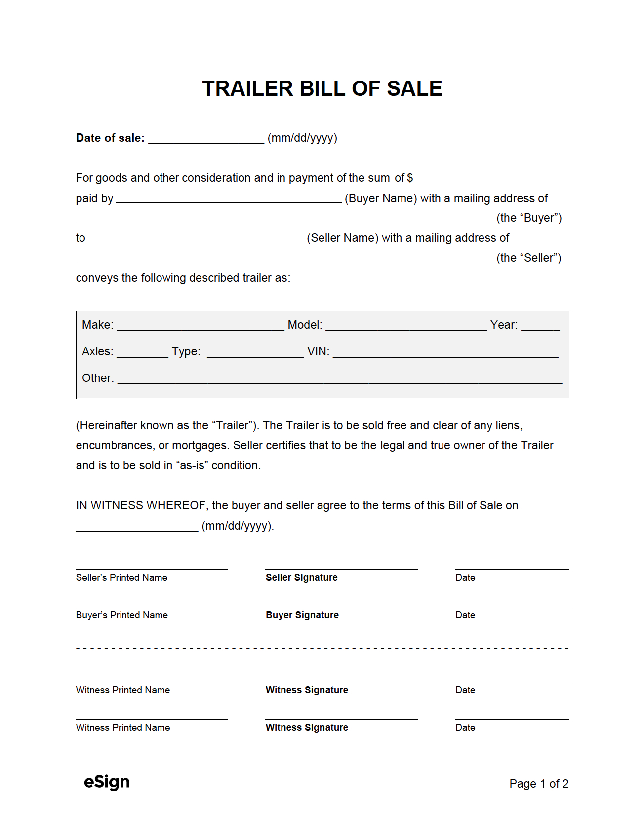 Free Trailer Bill Of Sale Form | Pdf | Word for Printable Trailer Bill Of Sale