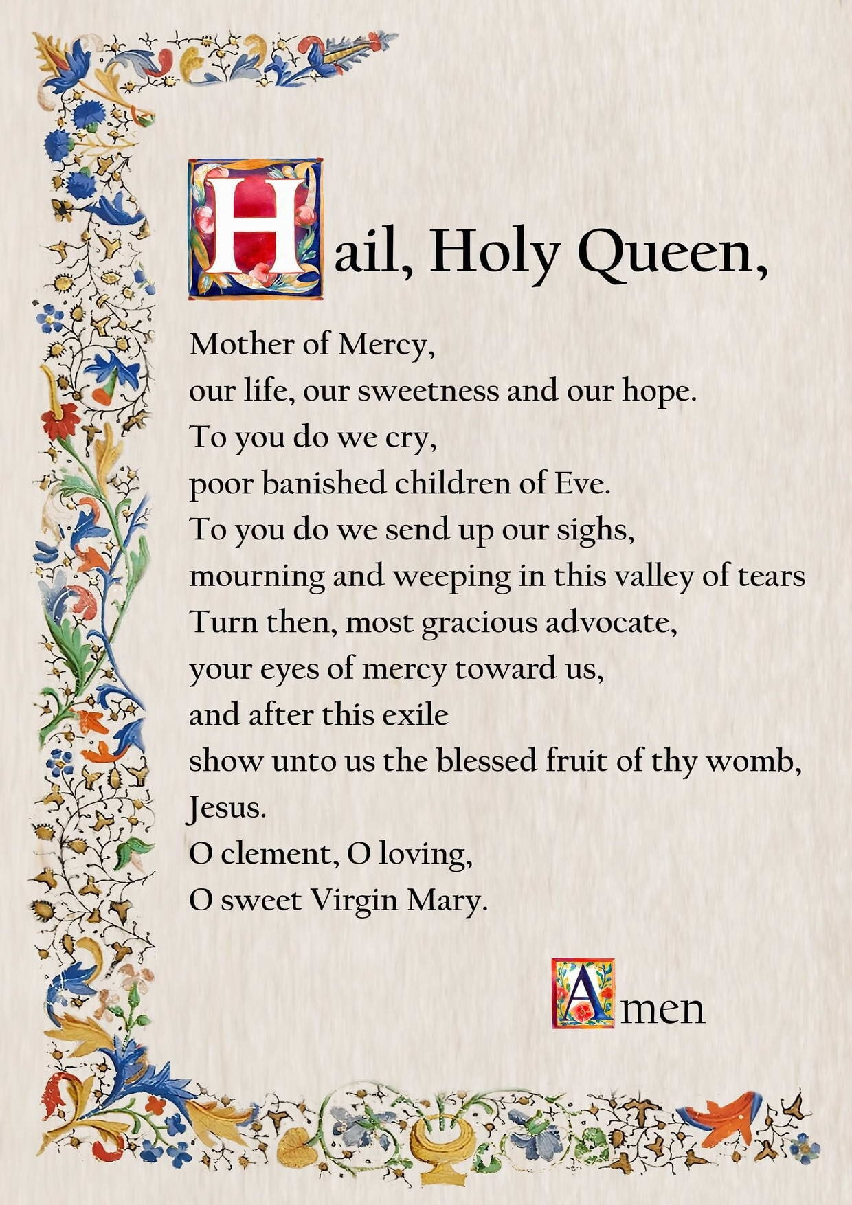 Hail Holy Queen Prayer, Catholic Prayer Card, Printable A4, Wall throughout Hail Holy Queen Prayer Printable