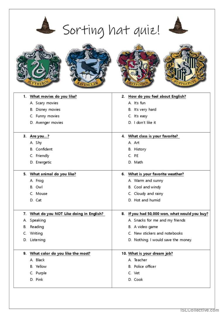 Harry Potter Sorting Hat Quiz inside Printable Harry Potter House Quiz