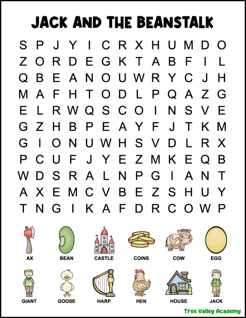 Jack And The Beanstalk Word Search For 1St Grade for 1St Grade Word Search Printable