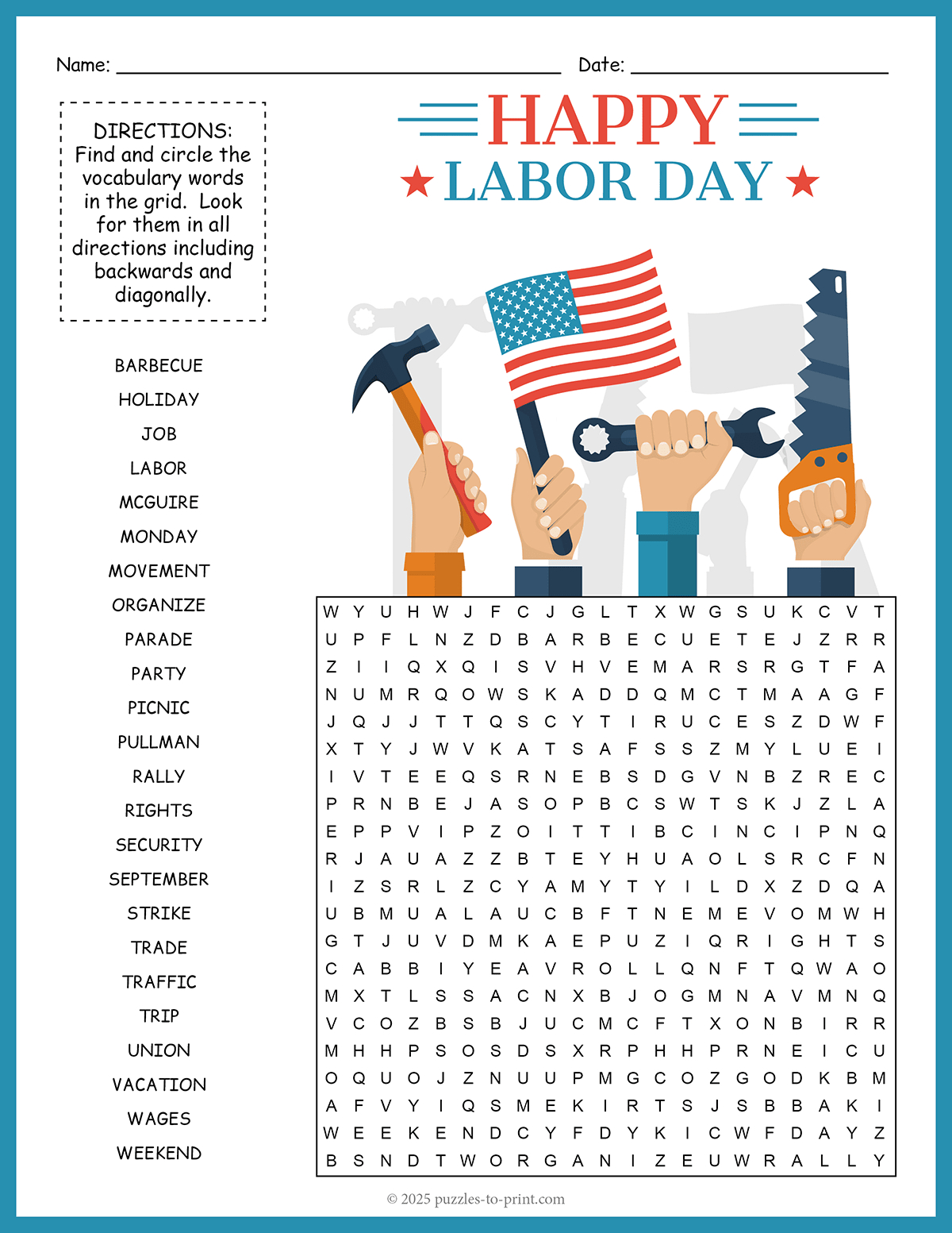 Labor Day Word Search in Labor Day Word Search Printable