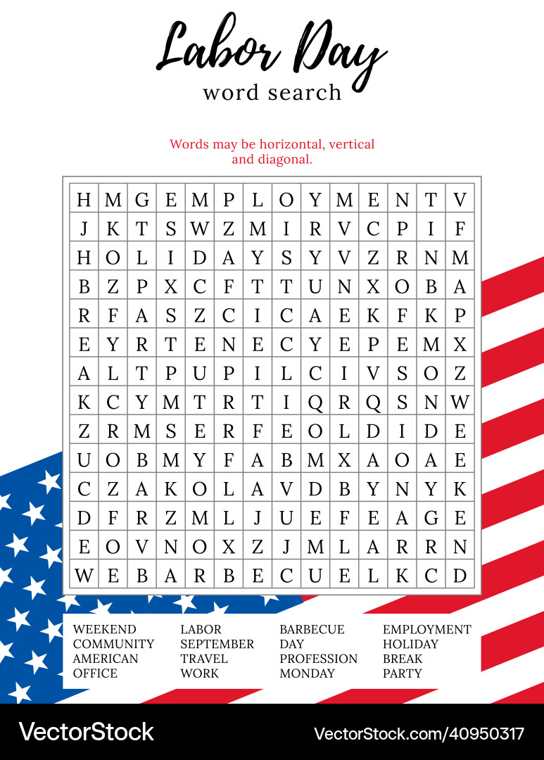 Labor Day Word Search Puzzle - Printable – Royalty-Free Vector pertaining to Labor Day Word Search Printable
