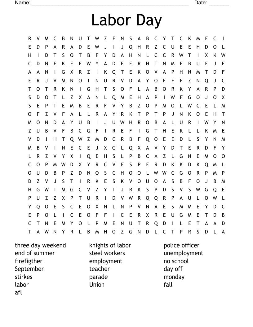 Labor Day Word Search - Wordmint throughout Labor Day Word Search Printable