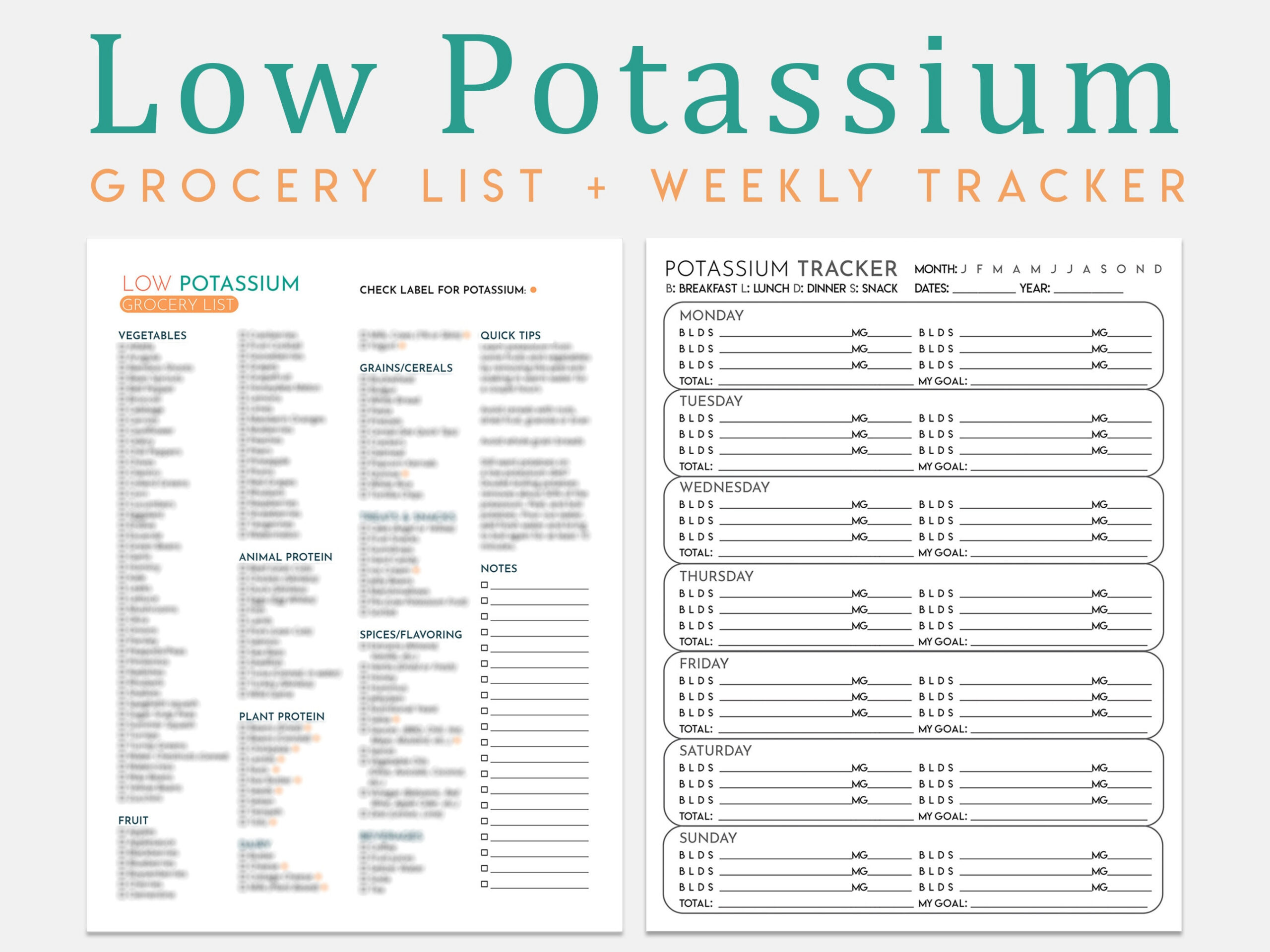 Low Potassium Diet Grocery List &amp;amp; Tracker: Kidney Friendly Food regarding Printable Low Potassium Food Chart