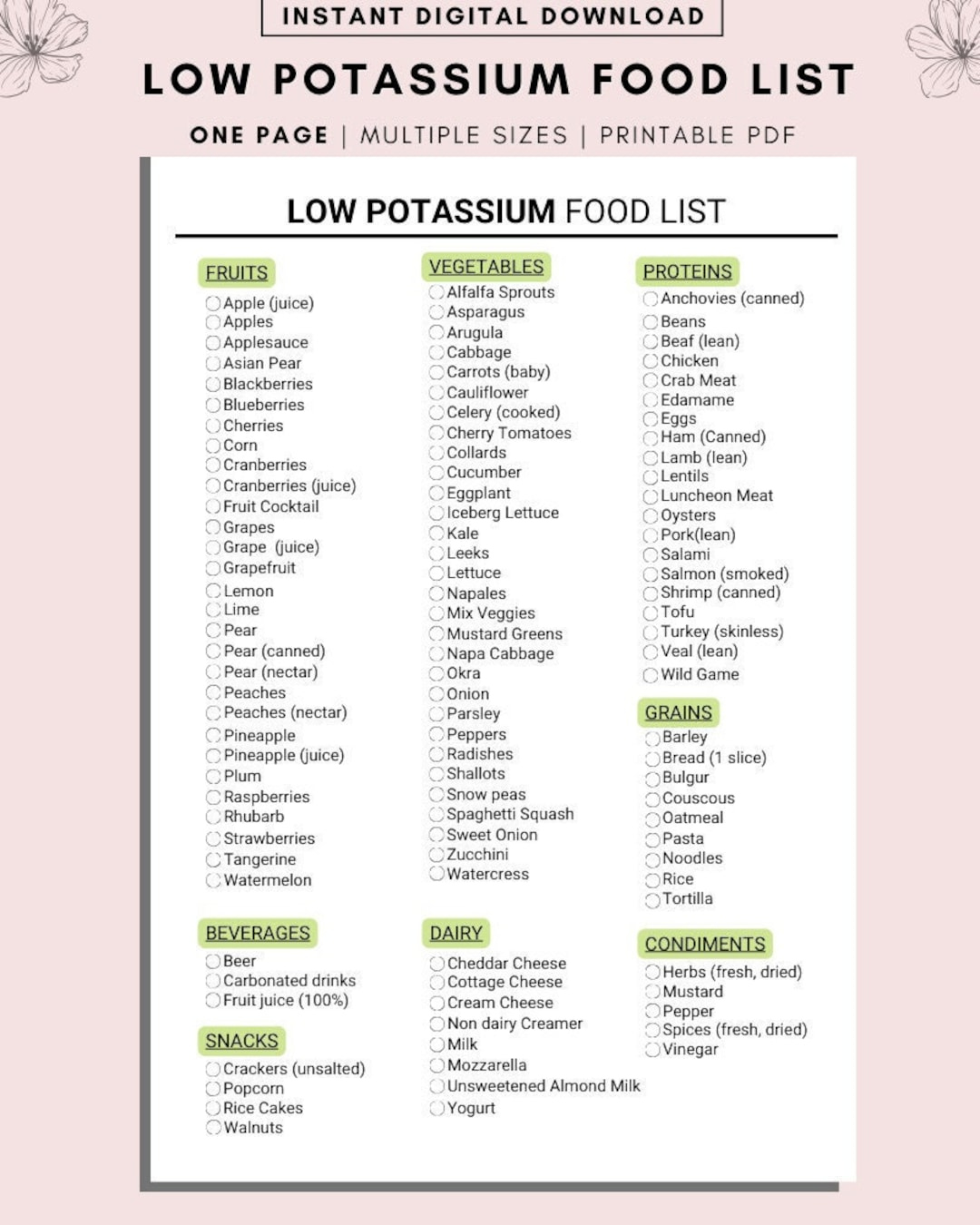 Low Potassium Food List: Renal Diet Guide (Digital Download) - Etsy Uk for Printable Low Potassium Food Chart