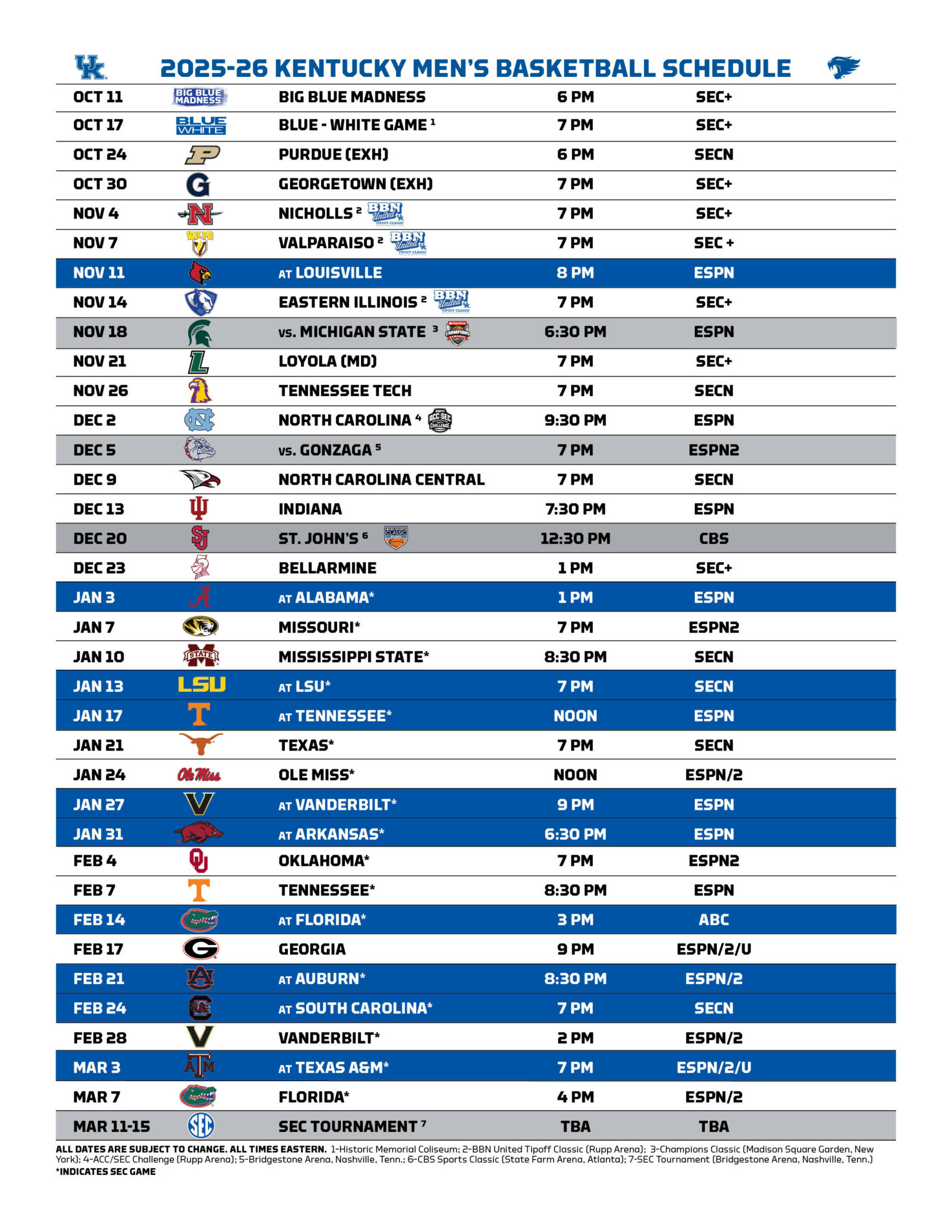 Men&amp;#039;S Basketball Announces 2025-26 Finalized Schedule with regard to University Of Ky Basketball Schedule Printable