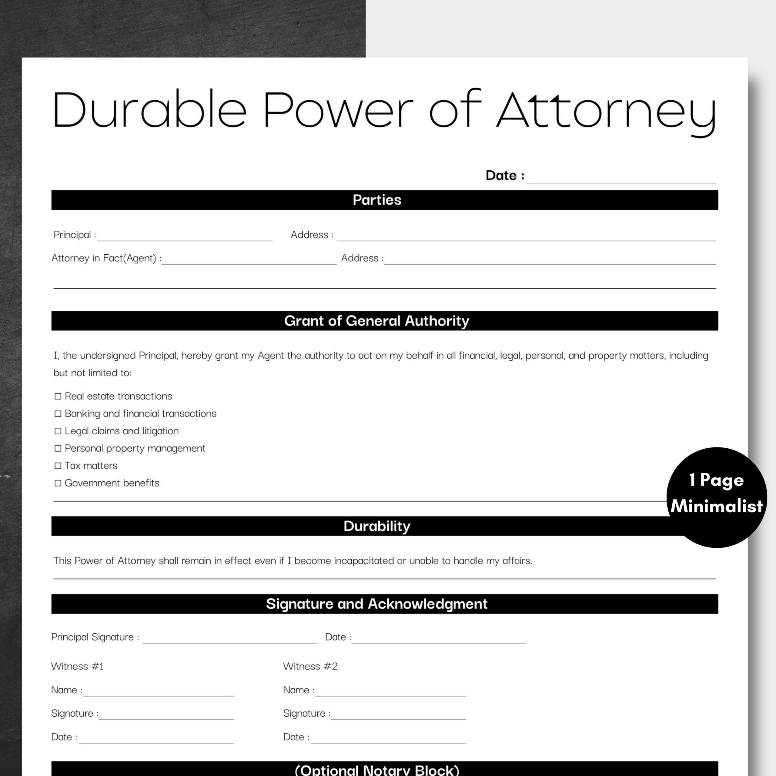 Minimalist Durable Power Of Attorney Black, Simple Durable throughout Printable Durable Power Of Attorney