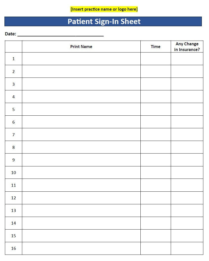 Patient Sign-In Sheet Template (Word, Editable, Printable) And Pdf pertaining to Patient Sign In Sheets Printable