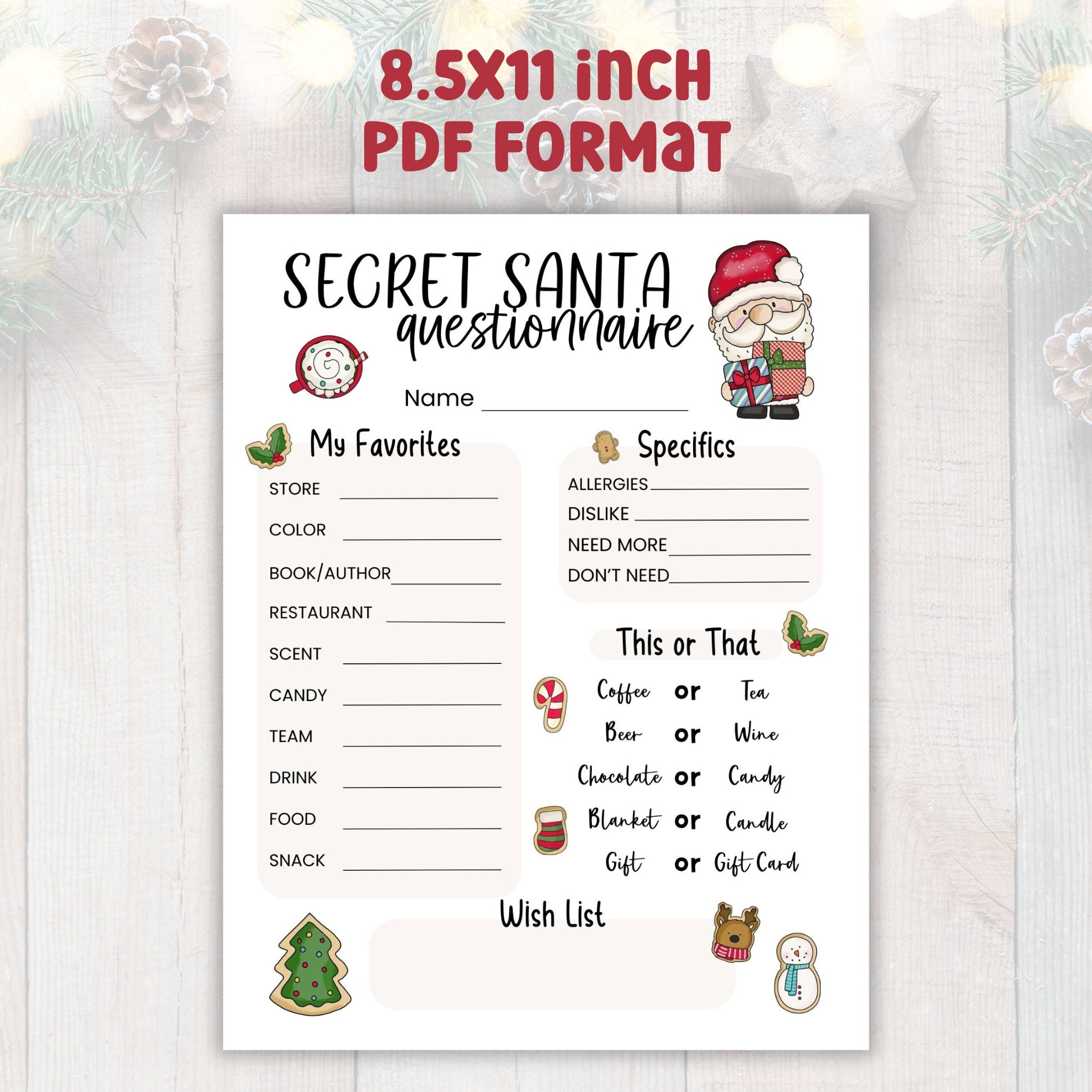 Printable Secret Santa Questionnaire, Christmas Holiday Gift Exchange  Questions Form For Work Office Coworkers, Neighbors, Friends, Pdf intended for Printable Office Secret Santa Questions