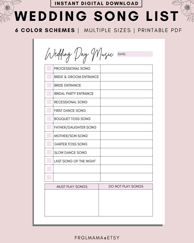Printable Wedding Song List: Dj Questionnaire, Processional Songs for Printable Wedding Song List For Dj Template