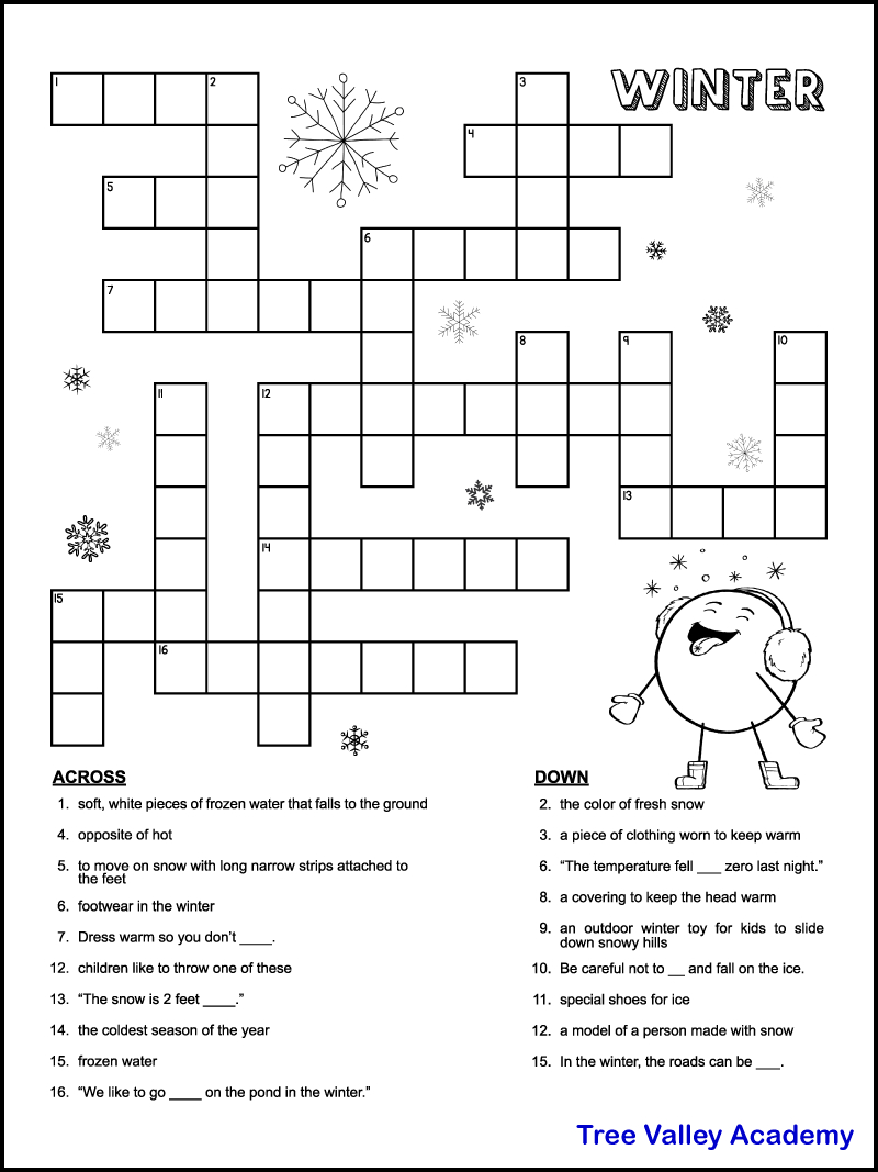 Printable Winter Crossword Puzzles For Kids - Tree Valley Academy regarding Crossword Puzzles Easy Free Printable