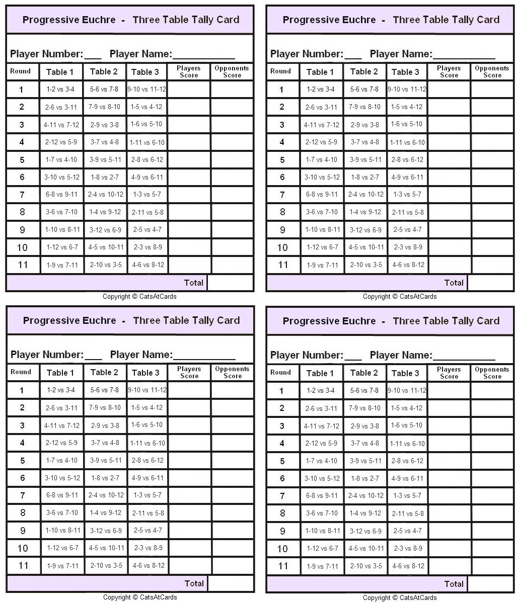 Progressive Euchre Two Table Tally Card - Print in Free Printable Euchre Score Cards
