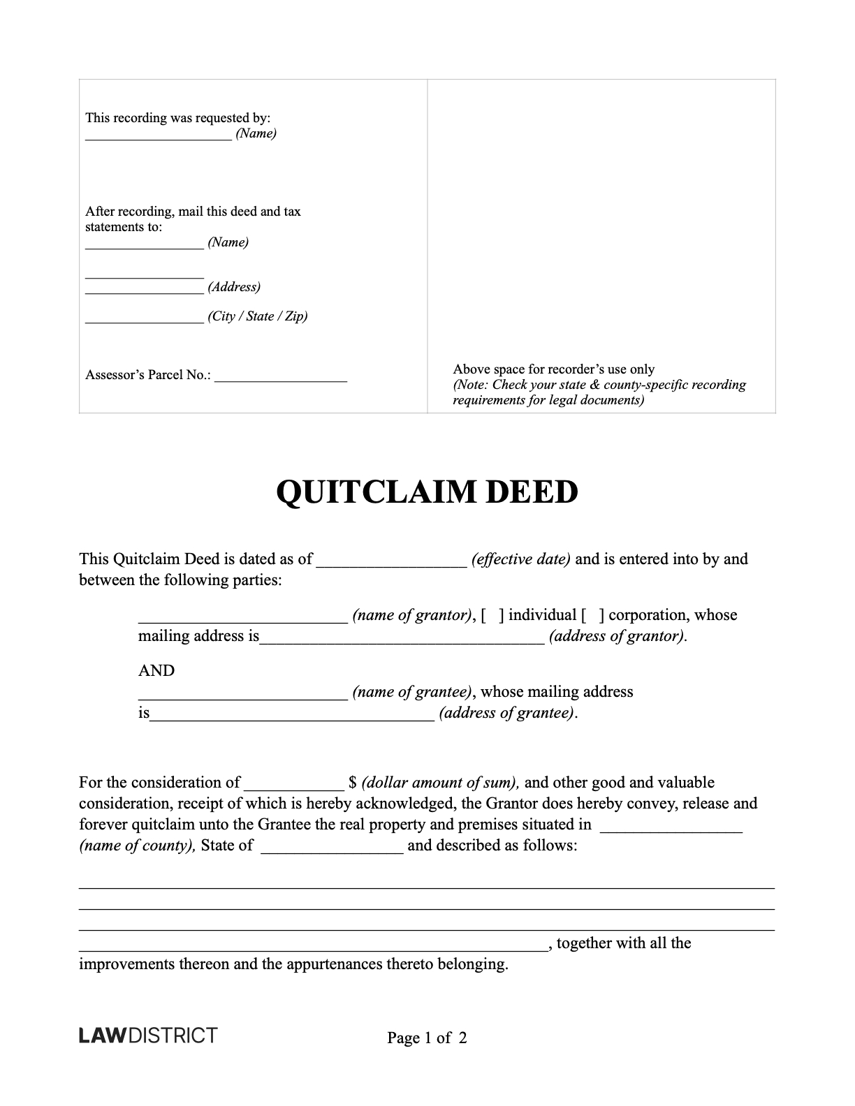Quitclaim Deed For All Us States | Pdf &amp;amp; Sample | Lawdistrict with Free Printable Quit Claim Deed Form