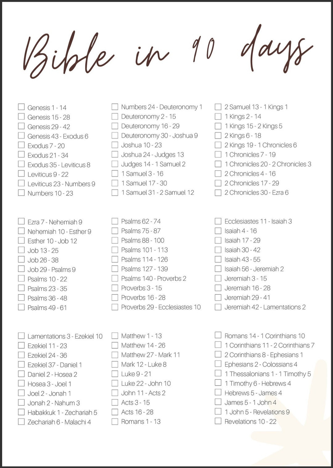 Read The Bible In 90 Days Checklist - Single Page - Etsy throughout 90 Day Bible Reading Plan Printable