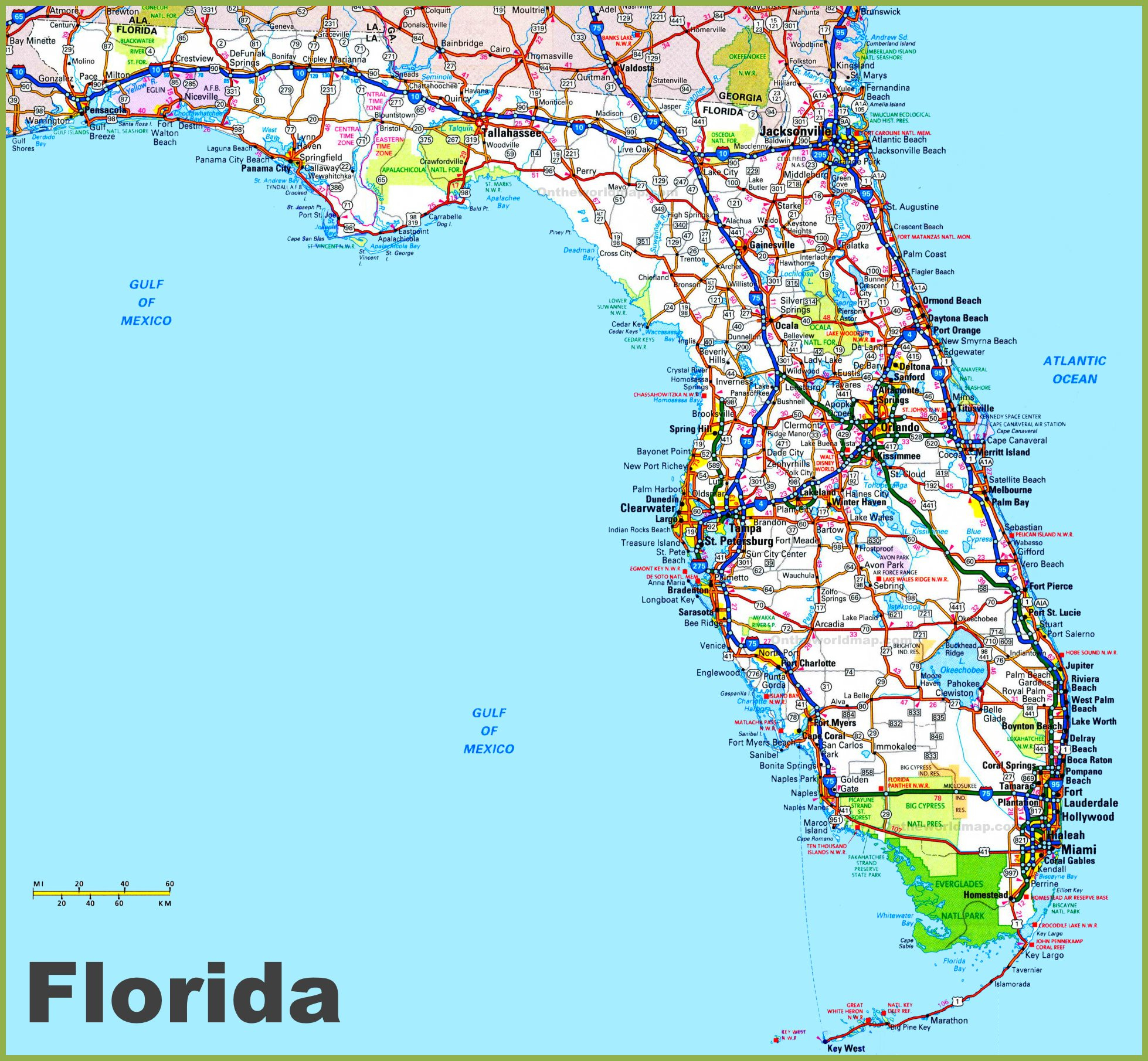 Road Map Of Florida With Cities - Ontheworldmap with regard to Map of Florida Cities Printable