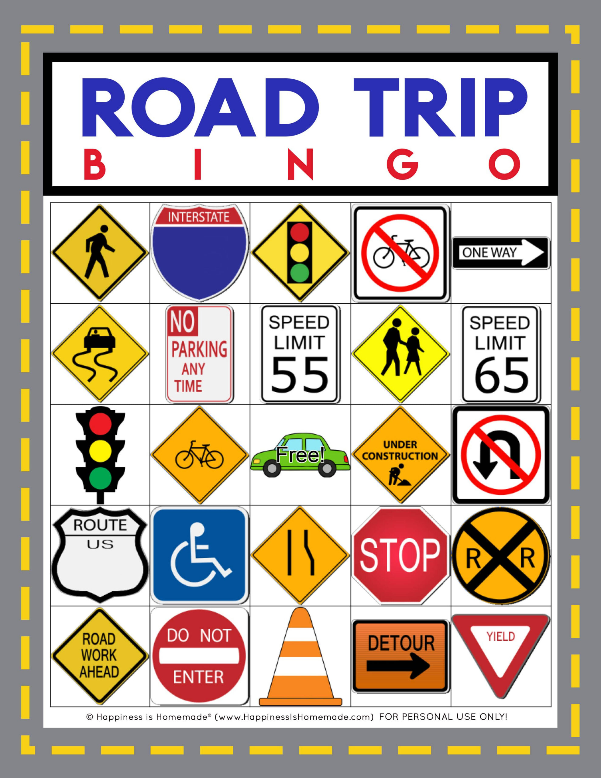 Road Trip Bingo Game - Free Printable - Happiness Is Homemade intended for Road Trip Bingo Free Printable