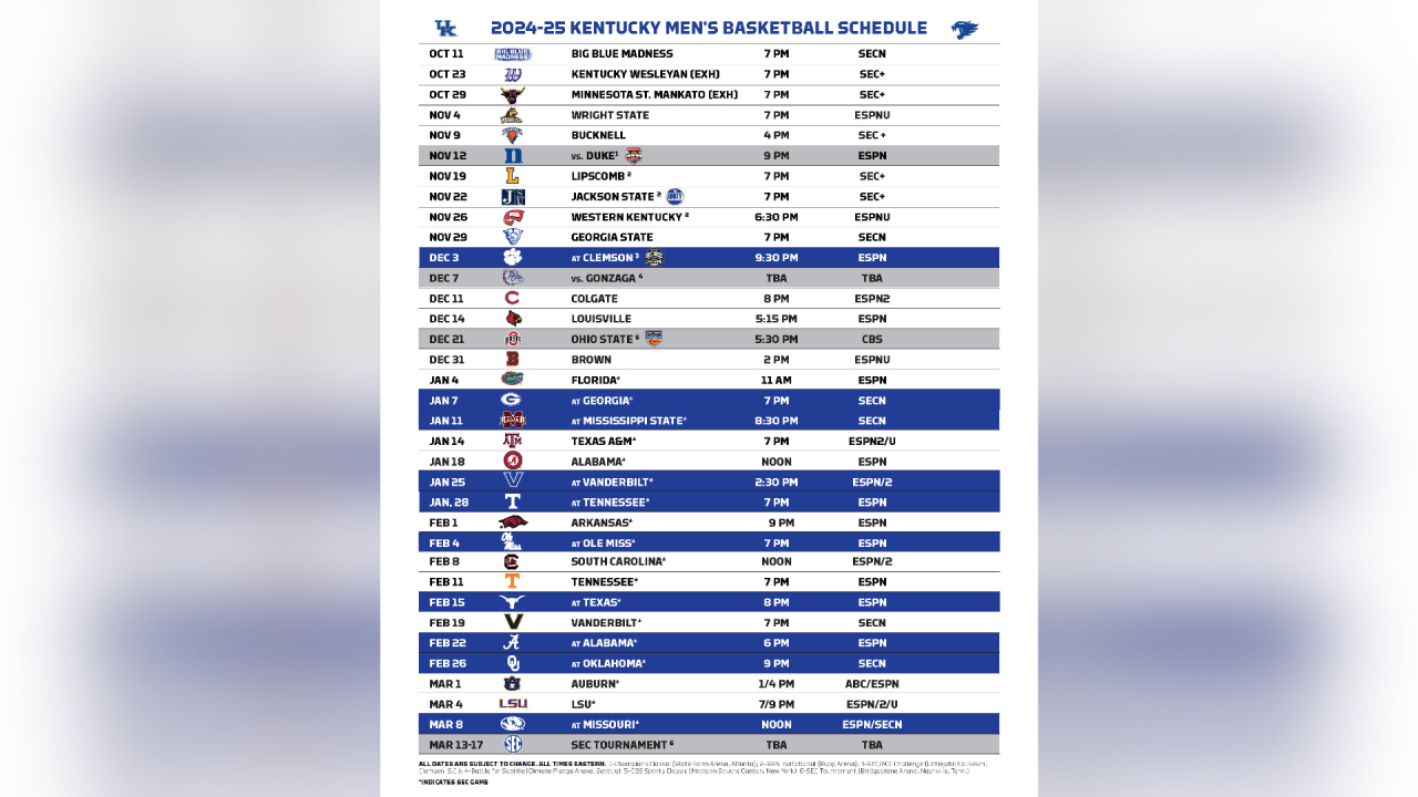 Sec Unveils Men&amp;#039;S Basketball Broadcast Schedule, Uk Releases Full pertaining to University of Ky Basketball Schedule Printable