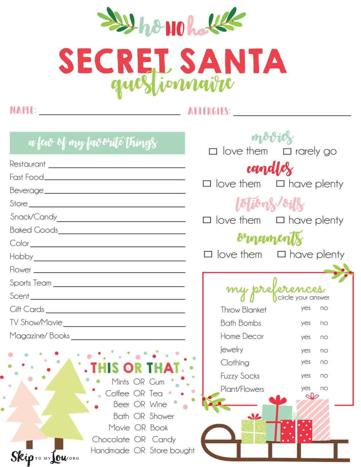 Secret Santa Questionnaire | Skip To My Lou within Printable Office Secret Santa Questions