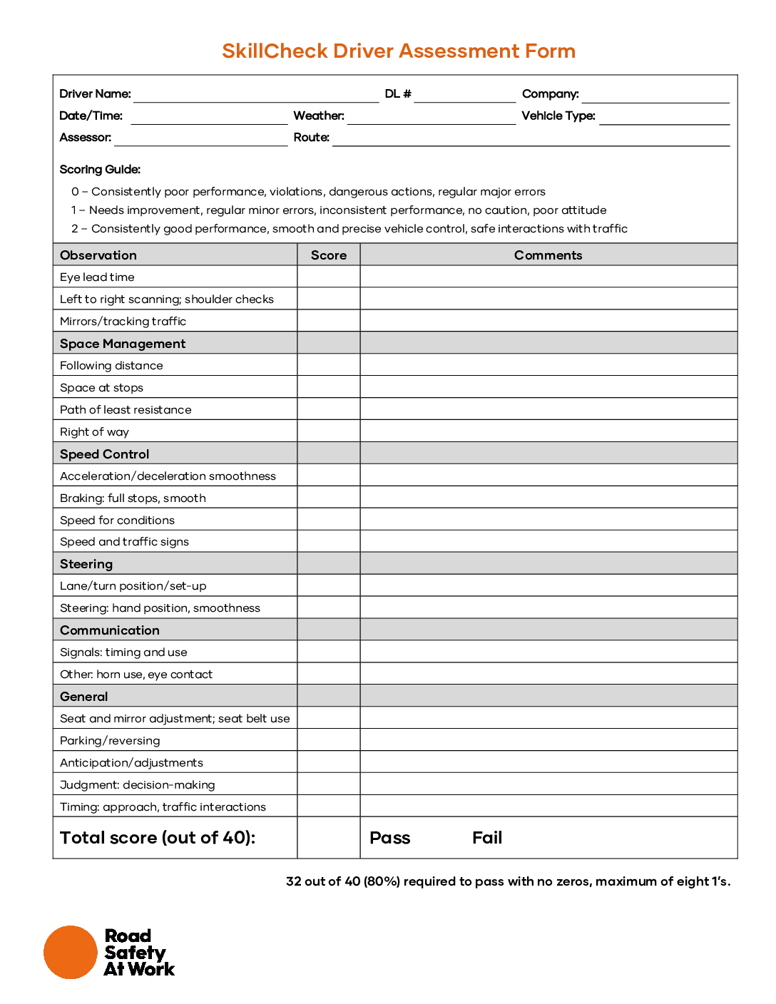 Skillcheck Driver Assessment Form - Road Safety At Work with Printable Driver Evaluation Road Test Form
