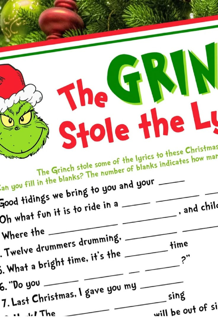 The Grinch Stole The Lyrics&amp;#039; Printable Game with How the Grinch Stole Christmas Text Printable