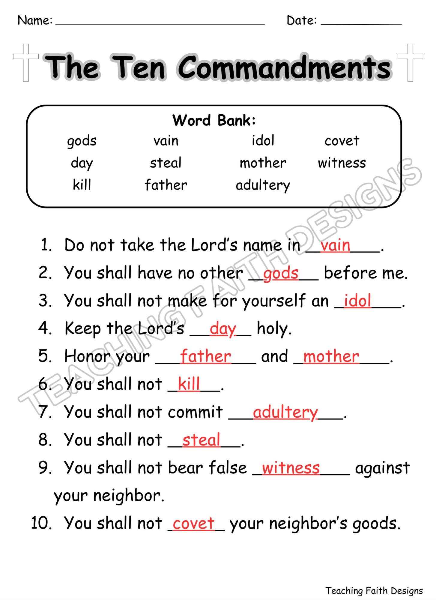 The Ten Commandments Fill In The Blank Worksheet For Kids - Answer in Printable Ten Commandments Worksheet