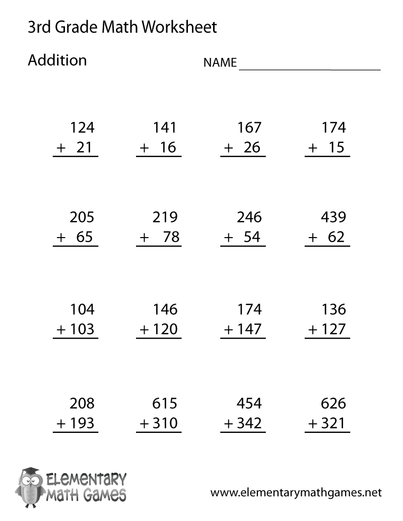 Third Grade Addition Worksheet with regard to 3rd Grade Printable Math Worksheets