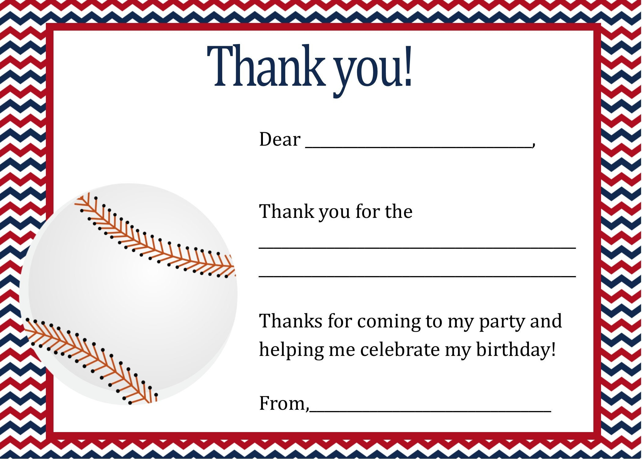 Baseball Birthday Thank You Card - Digital File - You Print pertaining to Baseball Thank You Cards Printable Free