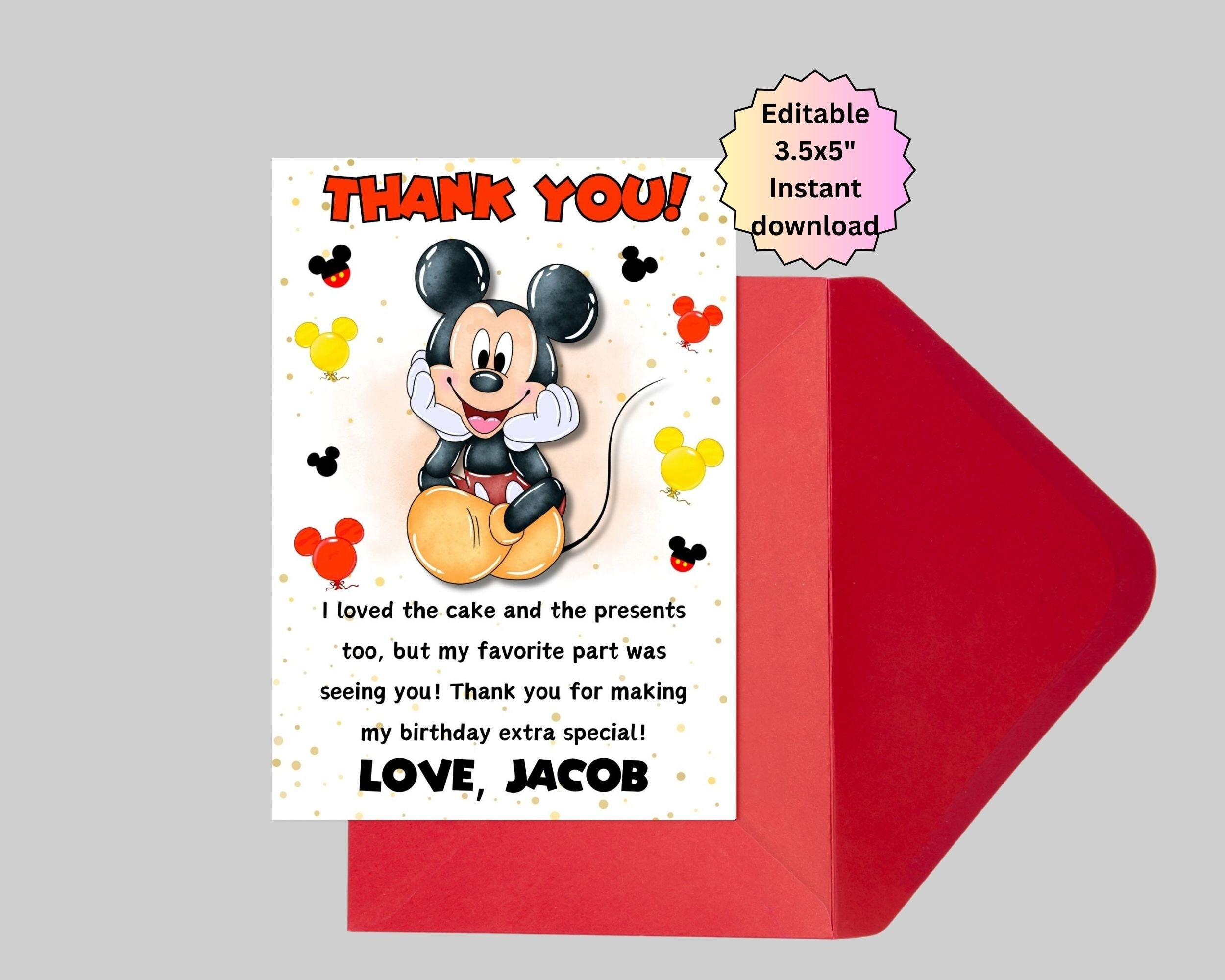 Editable Red Mickey Mouse Thank You Card, Thank You Cards, Thank for Mickey Mouse Thank You Cards Printable