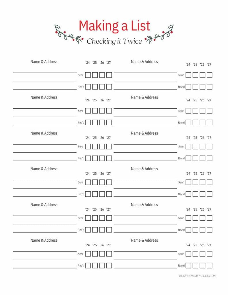 Free Printable Christmas Card Address List for Free Printable Christmas Card Address List