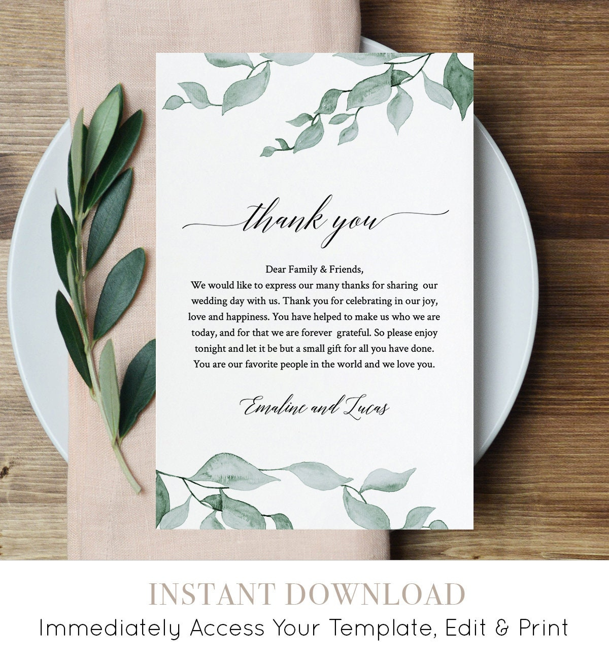 Greenery Wedding Thank You Card, Printable In Lieu Of Favor Card within Wedding Thank You Cards Printable