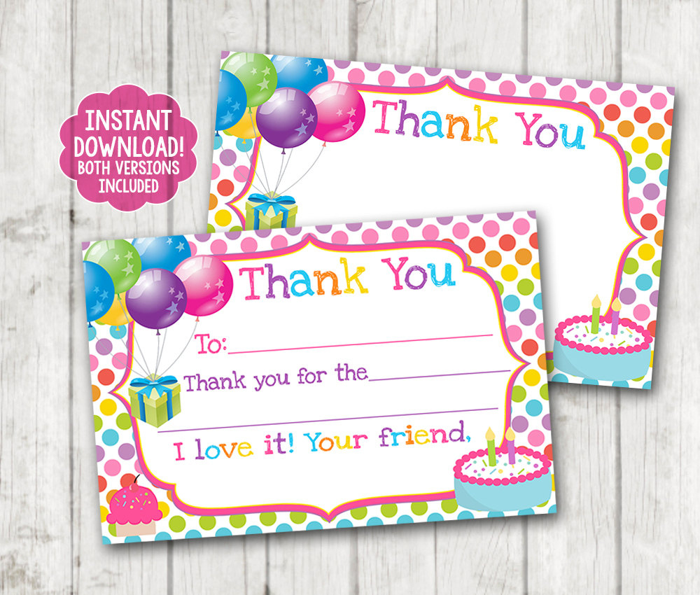 Instant Download Printable Birthday Thank You Cards, Balloons regarding Printable Free Thank You Cards For Birthday