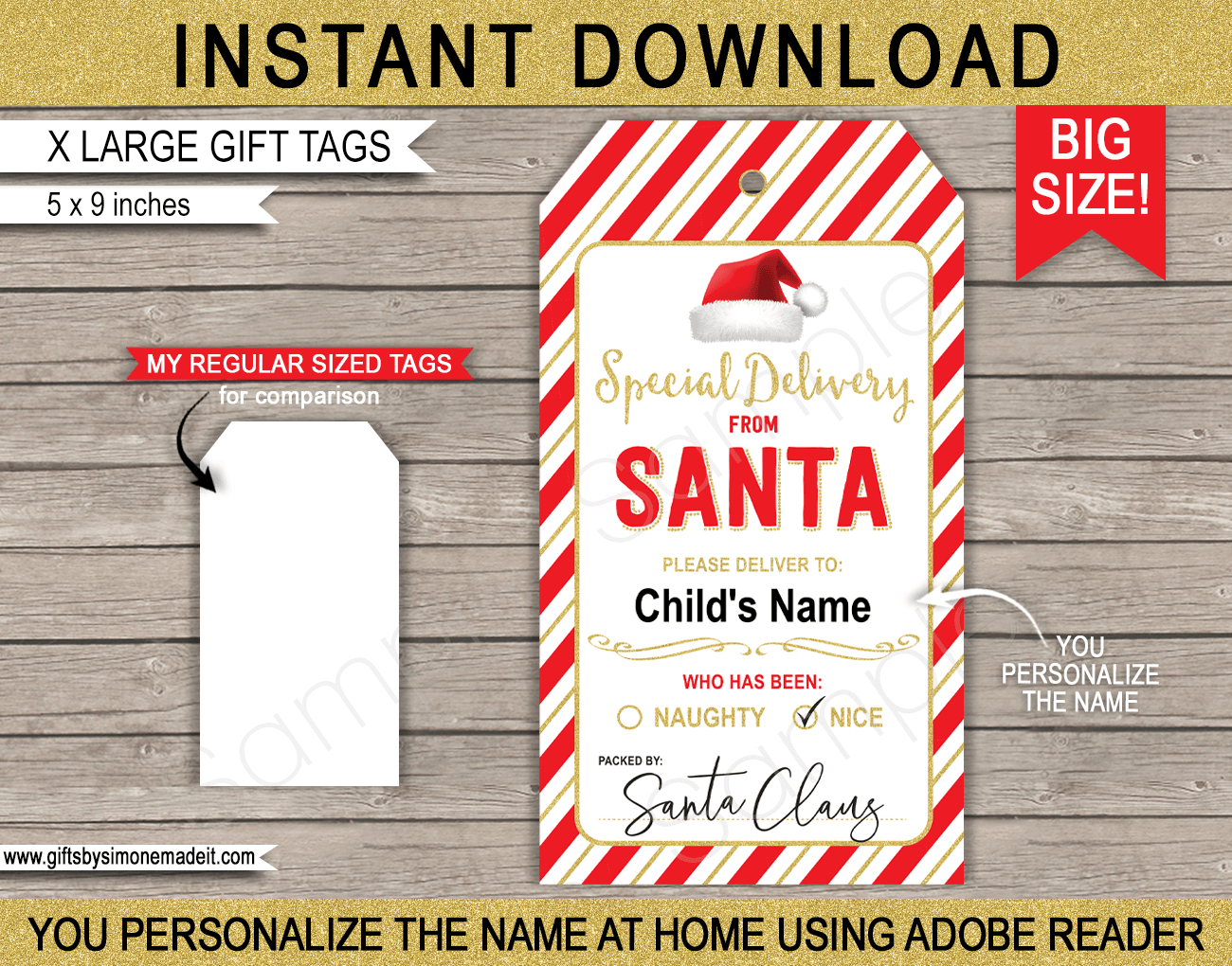 Large Santa Christmas Gift Tags - Red & Gold with regard to Large Printable Christmas Tags