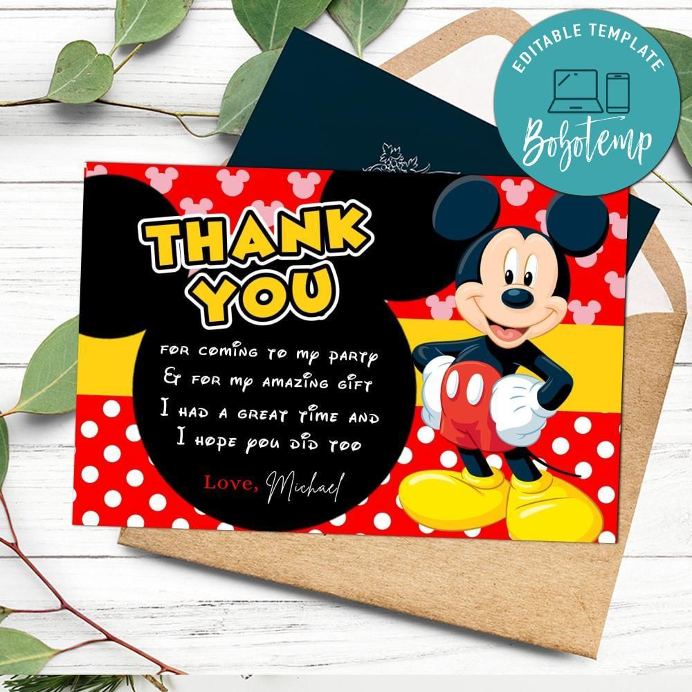Mickey Mouse Thank You Card Customizable Template Diy | Bobotemp with regard to Mickey Mouse Thank You Cards Printable