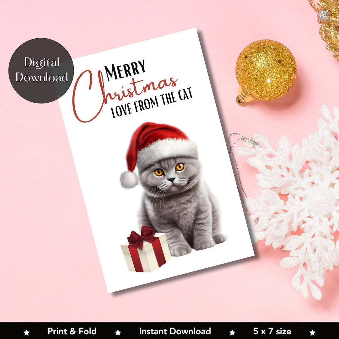 Printable Christmas Card From The Cat, Cat Greetings Card, Print within Printable Cat Christmas Card Digital Download